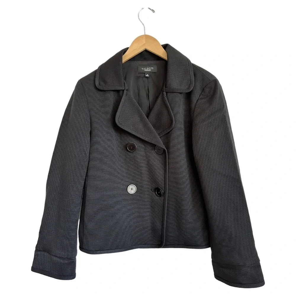Talbots Black Pea Coat Double Breasted Textured Ridged Fully Lined Size 14 - Picture 8 of 14